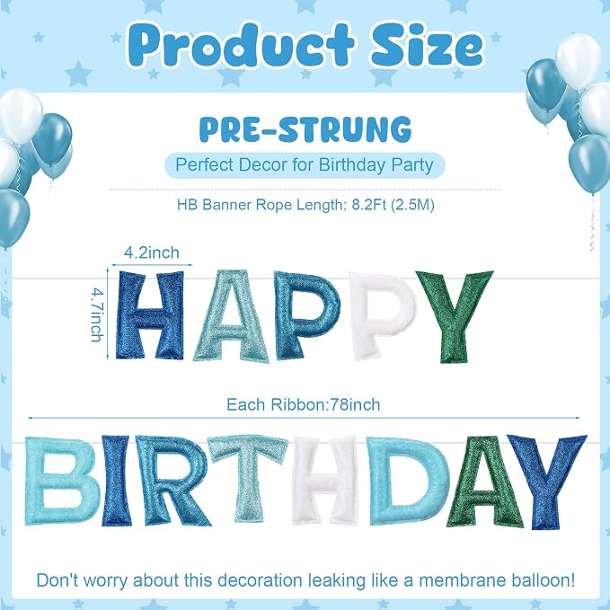Tegeme Felt Happy Birthday Banner, Teal Glitter Turquoise Happy Birthday - Image 2