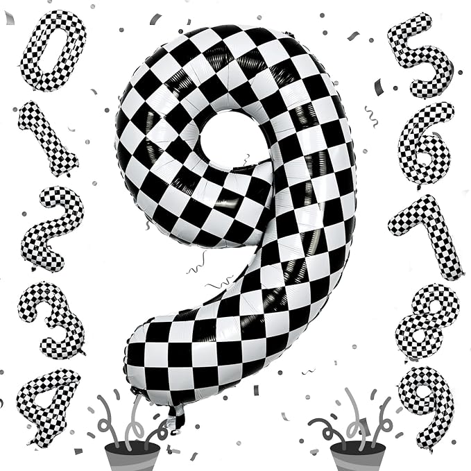 40 Inch Number 9 Balloons for Boys, Checkered Big 9th Birthday Balloons Decor by Isndare