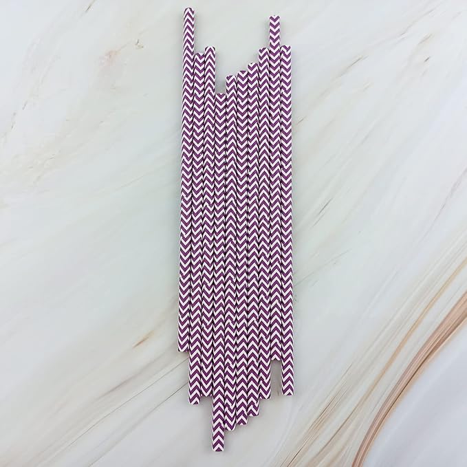 YAOSHENG Premium Disposable Waves Striped Drinking Paper Straws, Pack 100 Purple Waves Paper Straws for Cocktail Party Supplies,Birthday,Bridal/Baby Shower,Juice,Shakes (Purple Waves)