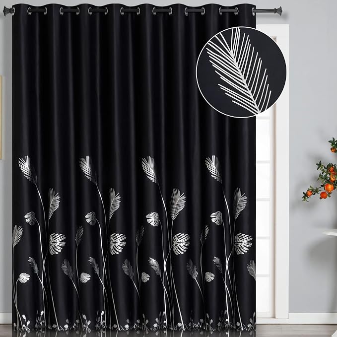 Wide Blackout Curtain for Sliding Door 100W x 96L Inch Silver Print Palm by ESTELARTEXTILER