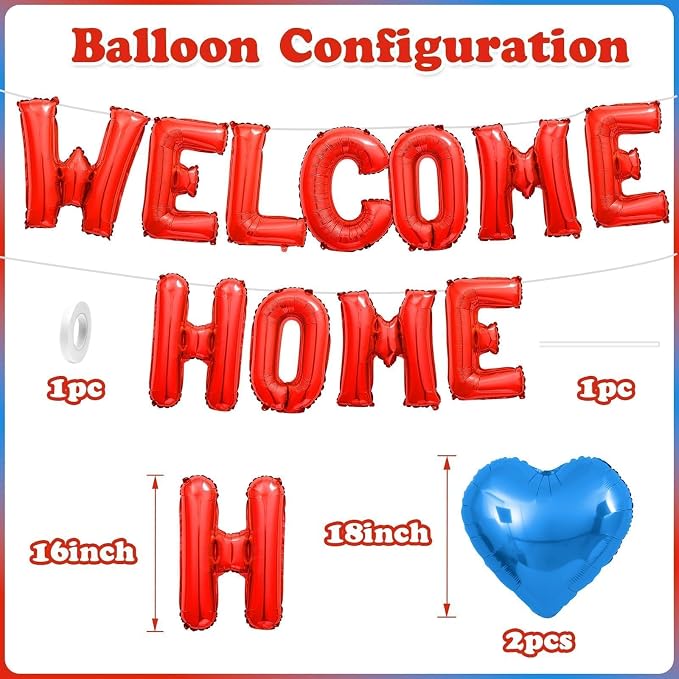 Welcome Home Balloons Blue Red, 16Inch Welcome Home Foil Balloons Banner - Image 2