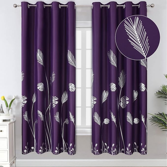 Purple Blackout Curtains for Bedroom, Room Darkening Silver Palm Tree Pattern by ESTELARTEXTILER