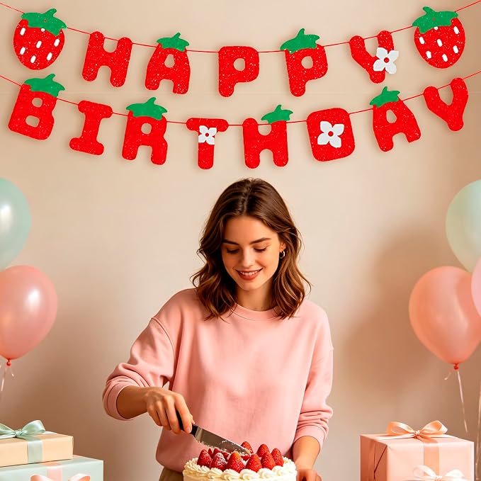 MEETINGU Strawberry Happy Birthday Banner, Glitter Strawberry Birthday Party - Image 5
