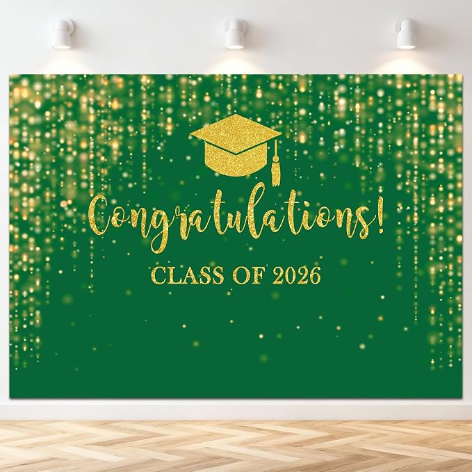Mocsicka Class of 2026 Backdrop Green Gold Glitter Bokeh Graduation Party by Mocsicka