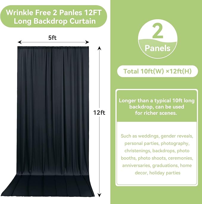 10ftx12ft Wrinkle Free Black Backdrop Curtain, 2 Panels 12FT Height Black Wedding Backdrop Drapes, Silky Polyester Back Drop Cloth for Birthday Photography Background Party Backdrop Draping