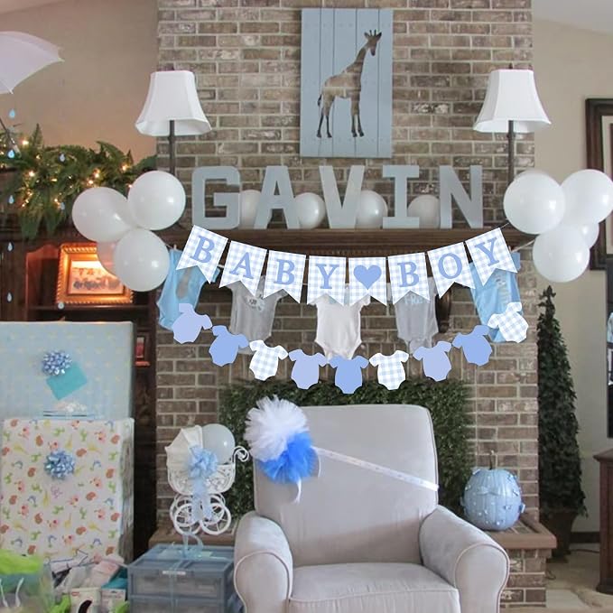 Blue Gingham Baby Banner Boy Plaid Welcome Baby Shower Sign Decoration - Image 2