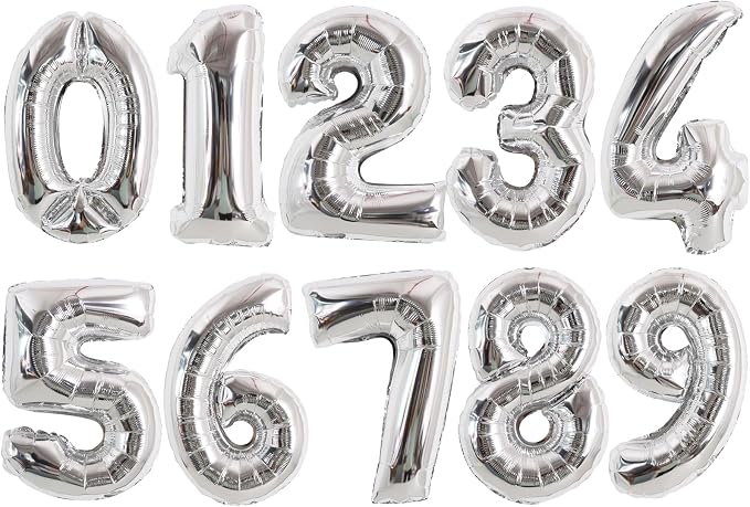 TONIFUL 16 Inch 10 Pcs Fat Silver 0-9 Birthday Number Balloons | Small Custom by TONIFUL
