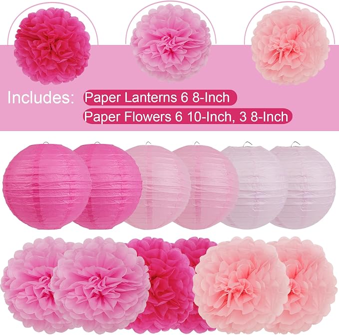 Pink Birthday Party Decorations Paper Lanterns and Pom Poms 15pcs Set | Baby - Image 4