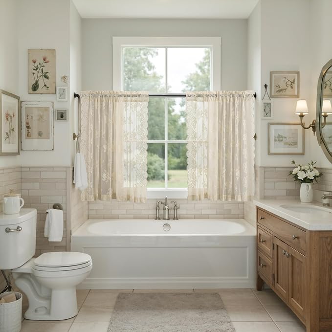 Kotile Beige Lace Curtains for Kitchen Windows W52 x L36 Inch, 2 Panels | Rod - Image 9