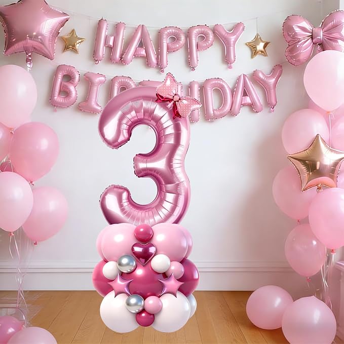 40 Inch Pink Number 3 Balloon Tower Set, Pastel Number Three Foil Balloon - Image 5