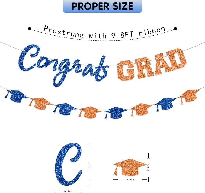 Prestrung Congrats Grad Banner Orange and Blue Graduation Banner - Image 4