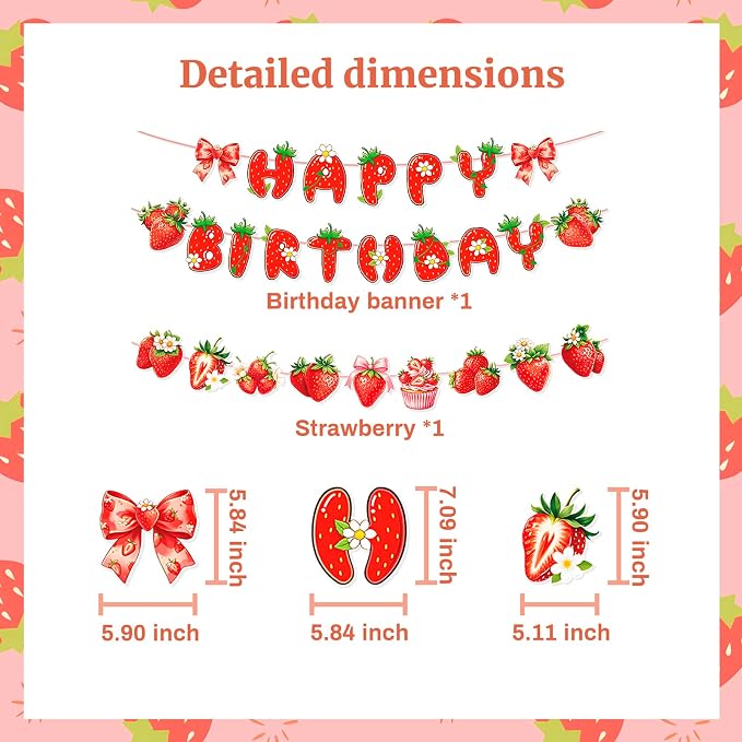 MEETINGU Strawberry Bow Happy Birthday Banner Birthday Party Decorations - Image 2