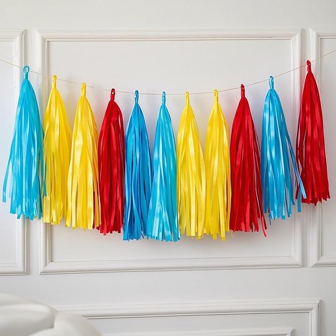 Red Blue and Yellow Paper Tassels 30pcs Streamers - Image 6