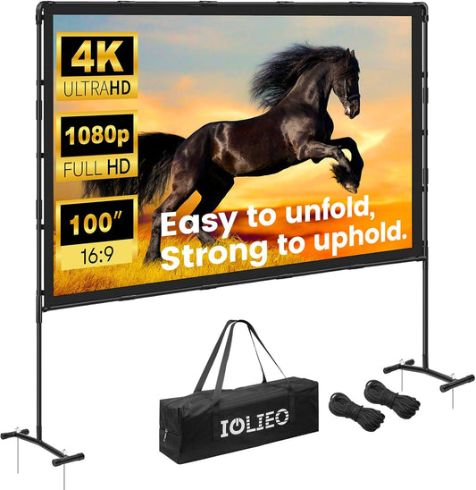 Projector Screen with Stand, 100 Inch, 16:9 Outdoor Portable Screen, Unique Retractable Design for Yard,Patio,Camping,Night Party,Office, School Indoor Use, Washable Fordable White Screen by IOLIEO