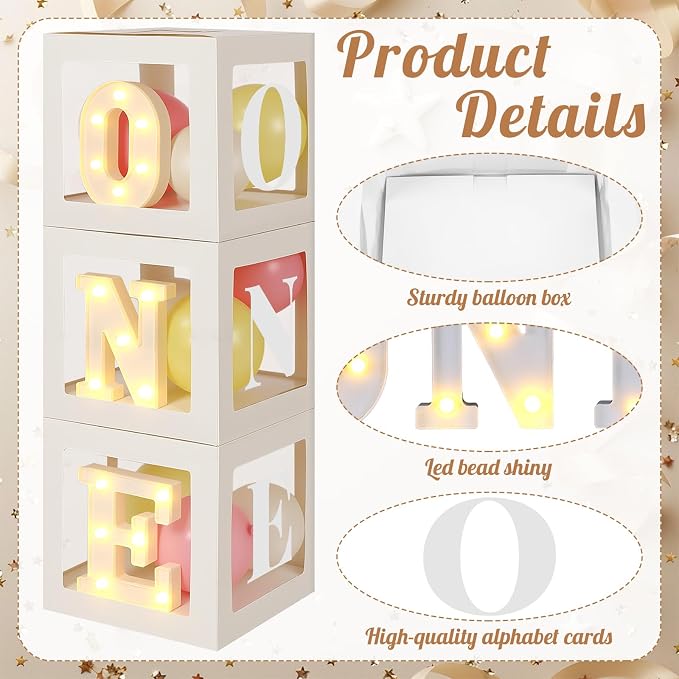 One Balloon Boxes with O, E Light up Letters Three White Transparent Square - Image 3