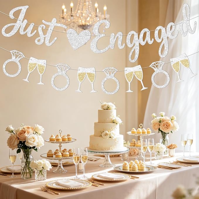 Silver Just Engaged Banner Prestrung Engagement Party Decorations Happy - Image 5