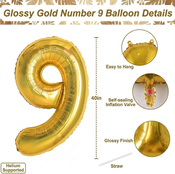 Gold Number 9 Balloon 40 Inch, Shiny Gold Foil Decor - Image 4