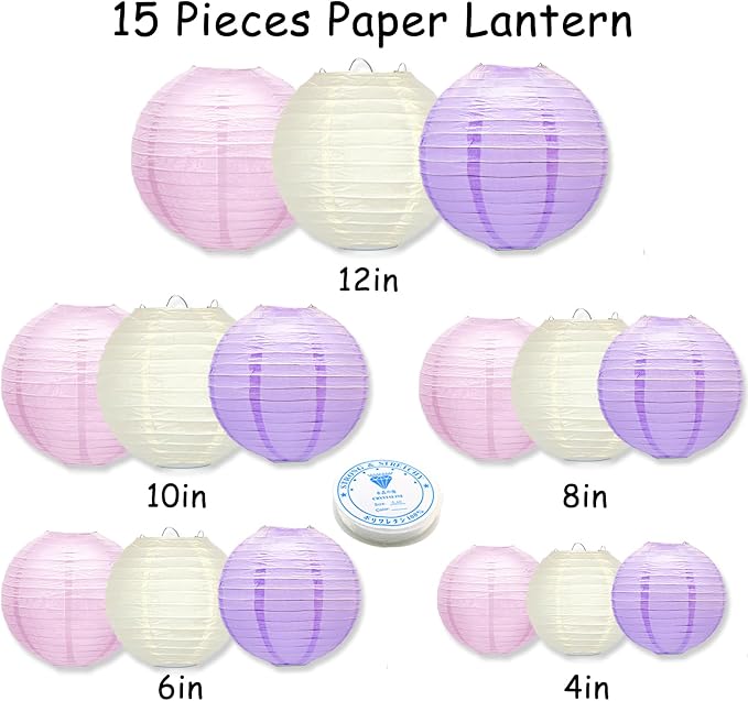 15 Pcs Pink Purple White Paper Lanterns, baby showers, bridal showers, weddings - Image 2