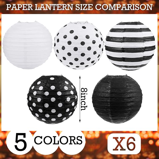Treela 6 Pack Black and White Paper Lanterns Back to School 8" Round Hanging - Image 2