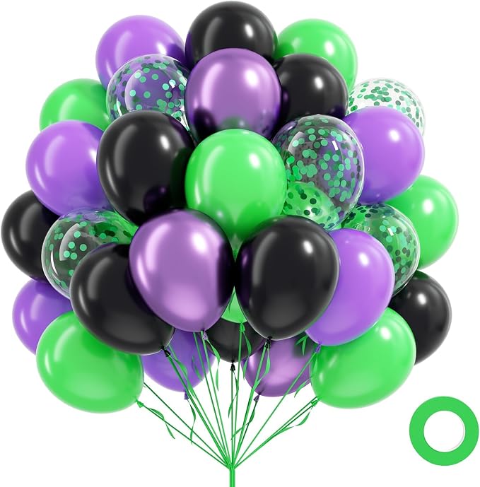 60pcs Green Purple and Black Balloons 12inch by Unknown