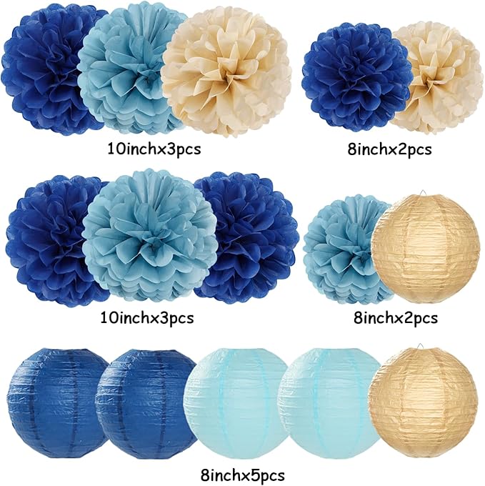 Dusty-Navy Blue Champagne-Gold Paper-Flowers Lanterns - 15pc Christmas Graduation Party Decorations Tissue Pom Poms Streamers,Birthday Bachelorette Bridal Baby Shower Engagement Wedding Decor Panduola