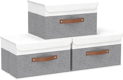 Yawinhe Collapsible Storage Bin, Cube Organizer Basket, Fabric Box with Lids, Washable and Leather Handle, for Home, Closet, White/Grey, 13.0''Lx9.0''Wx7.9''H, 3-Pack, SNK024WGS-3