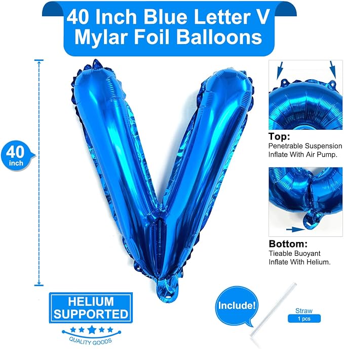 Lovoir 40 Inch Large Blue Letter V Balloons Big Size Jumbo Mylar Foil Helium - Image 2