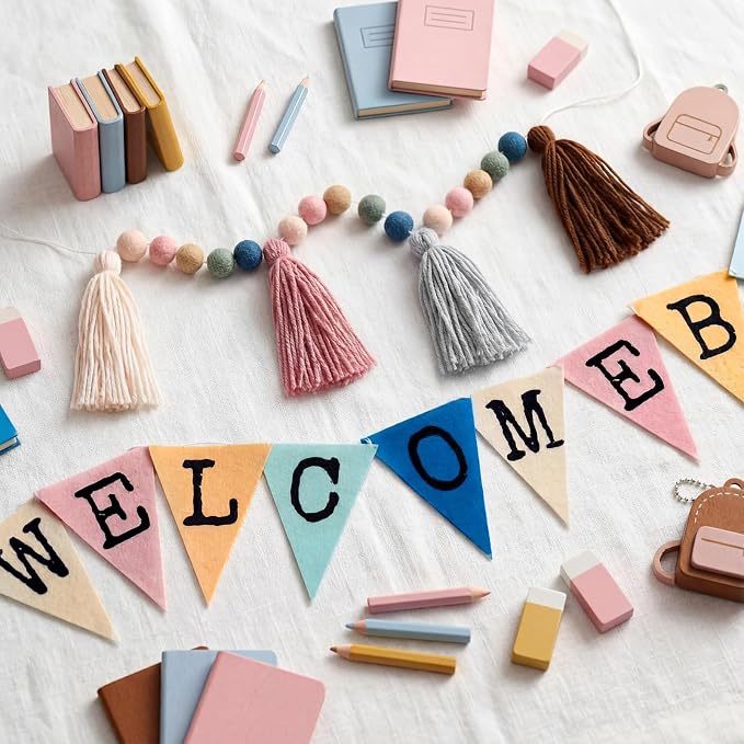 Frienda 2 Pcs Back to School Decor Boho Pom Poms Garland Welcome Back Pom Poms - Image 2