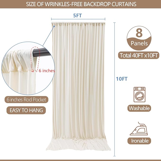 ESGOTBME 40x10ft Wrinkle Free Ivory Backdrop Curtain - Image 4