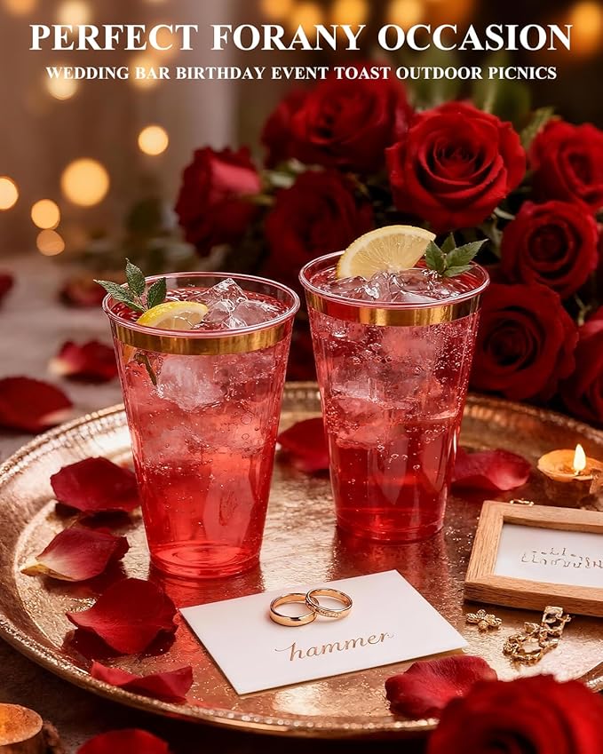 Goodluck 50PCS 14oz Red and Gold Plastic Cups for Party, Disposable Gold Rim Cups, Plastic Cocktail Glasses for Wedding Thanksgiving, Christmas, and Parties