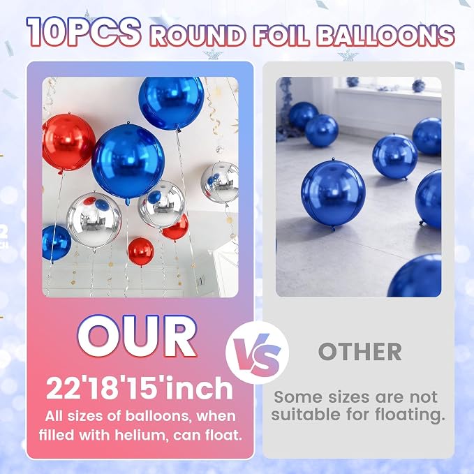 10Pcs Red and Blue Round Foil Balloons, Metallic Silver Red Blue Foil Baloon - Image 3