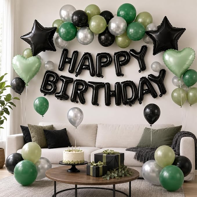 Black Green Birthday Decortions, Star Heart Foil Balloons - Image 3