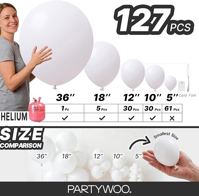 PartyWoo White Balloons 127pcs Matte White Latex Balloons Different Sizes | 36 - Image 6