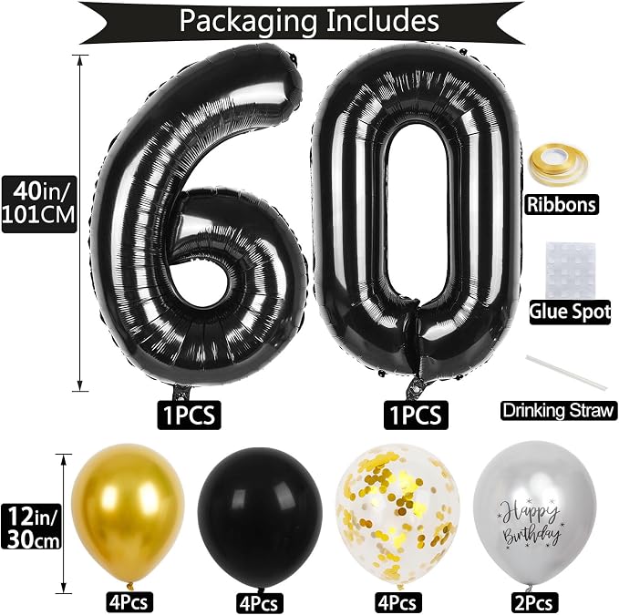 60th Birthday Decorations for Men Women, 40 inch 60 Balloon Numbers - Image 2