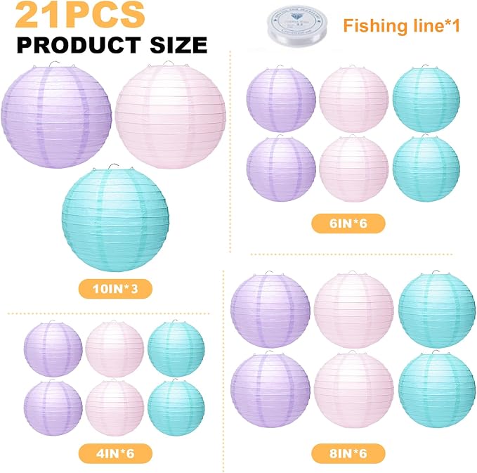 21Pcs Pastel Paper Lanterns, 4-10in Round Hanging Decor, Girl Birthday | - Image 2