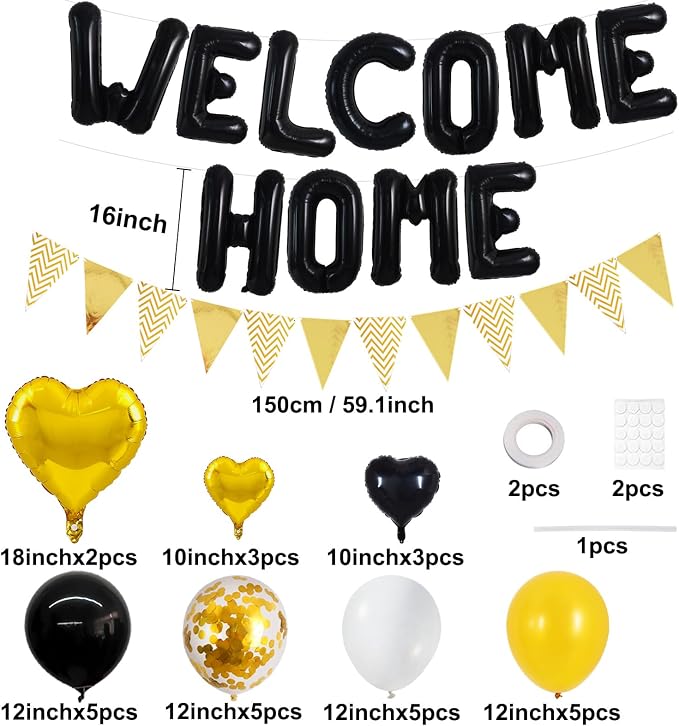 TONIFUL 16 Inch Black Welcome Home Foil Letter Balloons Banner Decor Kit | - Image 2