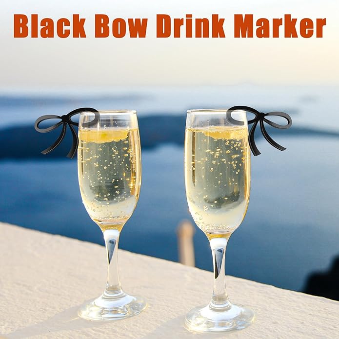 60 Pcs Acrylic Bowknot Wine Glass Charms,Black Coquette Drink Markers Decorative Tags for Bachelorette,Wedding,Birthday & Engagement Parties Coquette Themed Party Decor Accessories