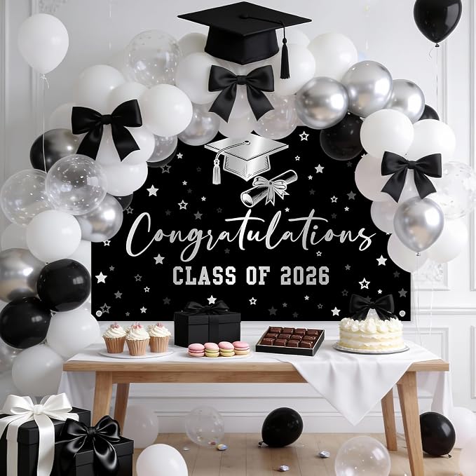 Congratulations Graduation Banner Class of 2026 Backdrop Black Silver Congrats - Image 3