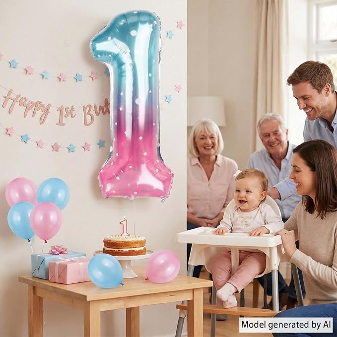 40 Inch Pink Blue Number 1 Balloon, Large Gradient Pink Blue Mylar Foil Number - Image 5