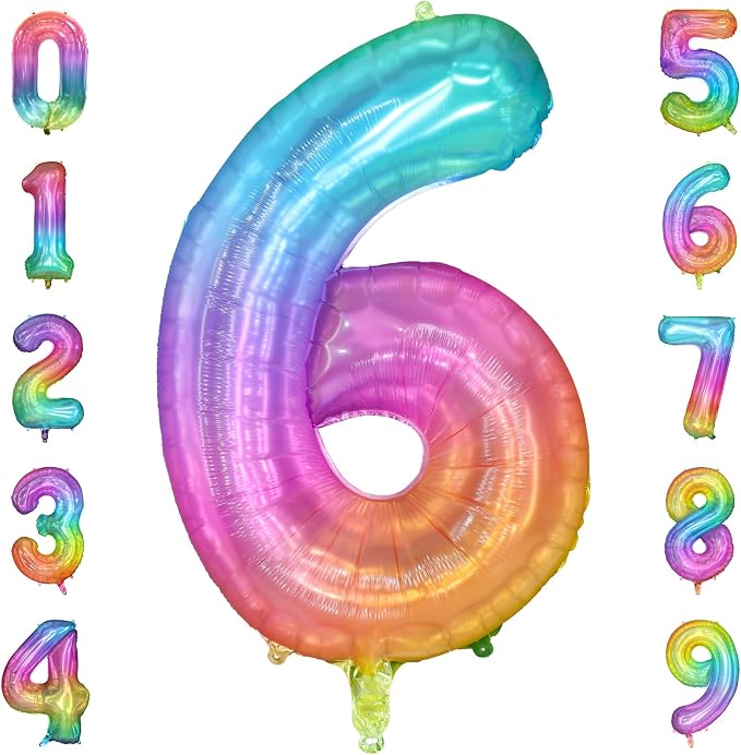 Rainbow Number 6 Balloon, 40 Inch Large Number Foil Mylar Balloons by PatiCool