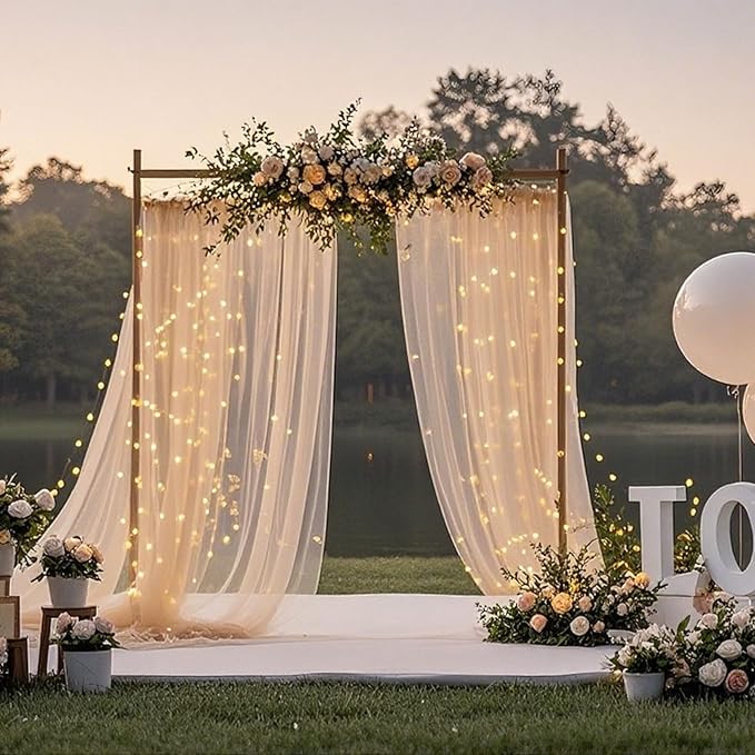 10×8ft Tulle Backdrop Curtains with Lights String - 300LED Fairy Lights Sheer Curtain Backdrop for Weddings Baby Shower and Birthday Party Decorations(8 Panels 5×8ft)
