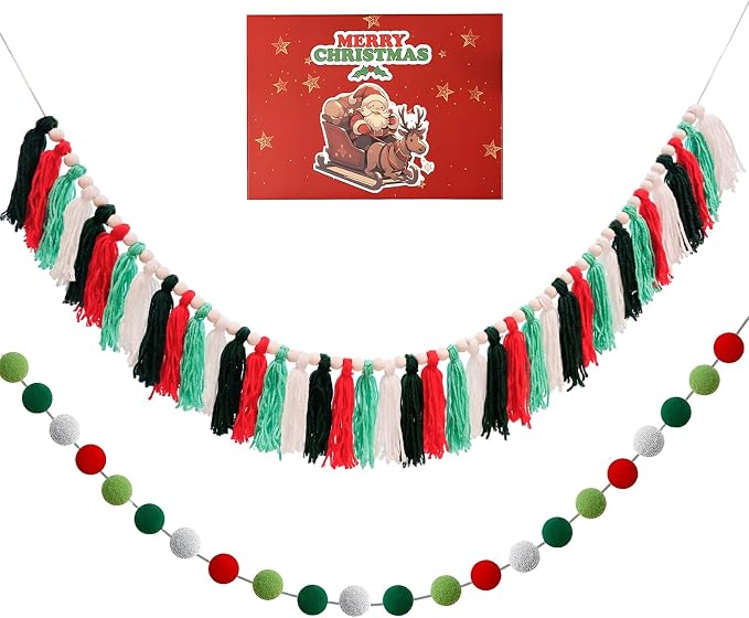2 Pcs Boho Tassel Christmas Garland, Pom Pom Tassel, 6.5 Feet Long 20 Felt Balls by Unknown