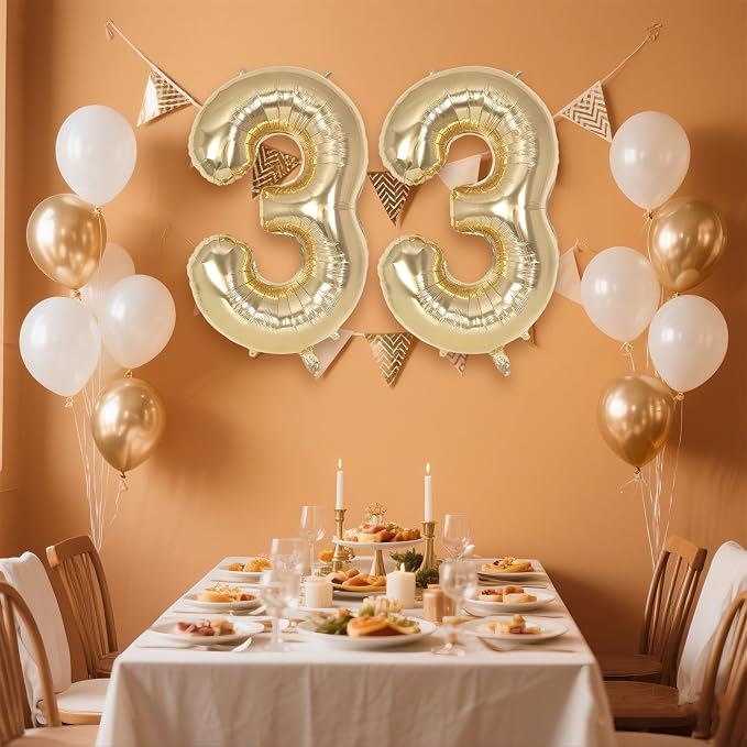 Champagne Gold Large Number 33 Balloon, 40 Inch Light Gold Foil Helium Number - Image 3