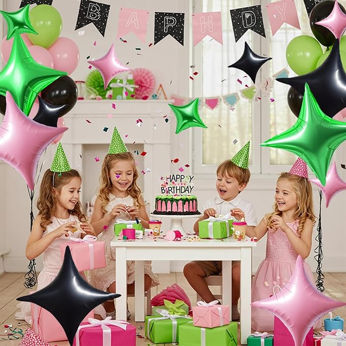 TONIFUL 30Pcs Four Pointed Star Balloon Light Pink Green Black Foil Balloon | - Image 4