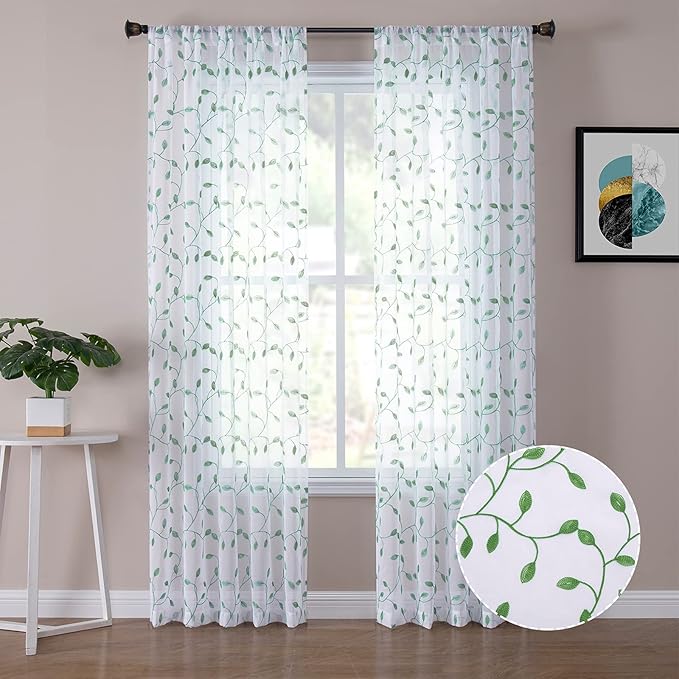Tollpiz Leaves Sheer Curtains Green Leaf Embroidery Living Room Curtain Rod by Tollpiz