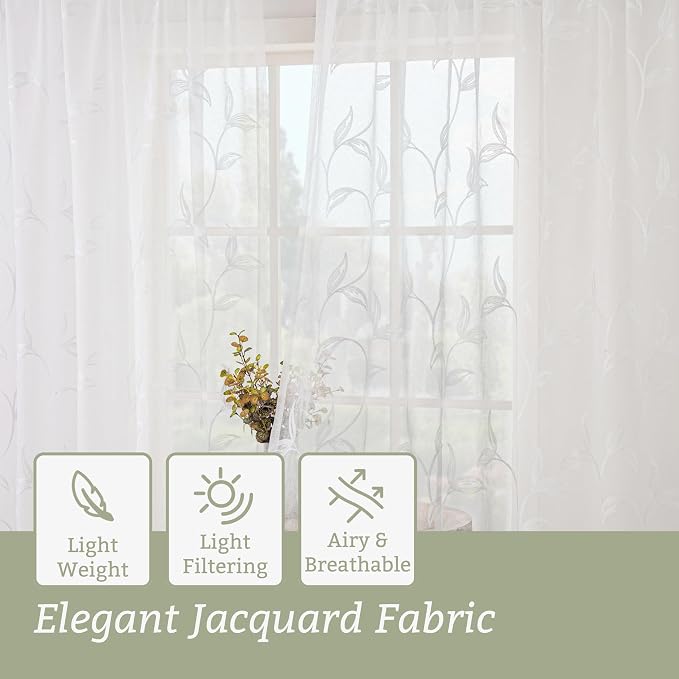 White Sheer Curtains Boho Leaf Floral Embroidered 54Wx63L | Light Filtering - Image 4