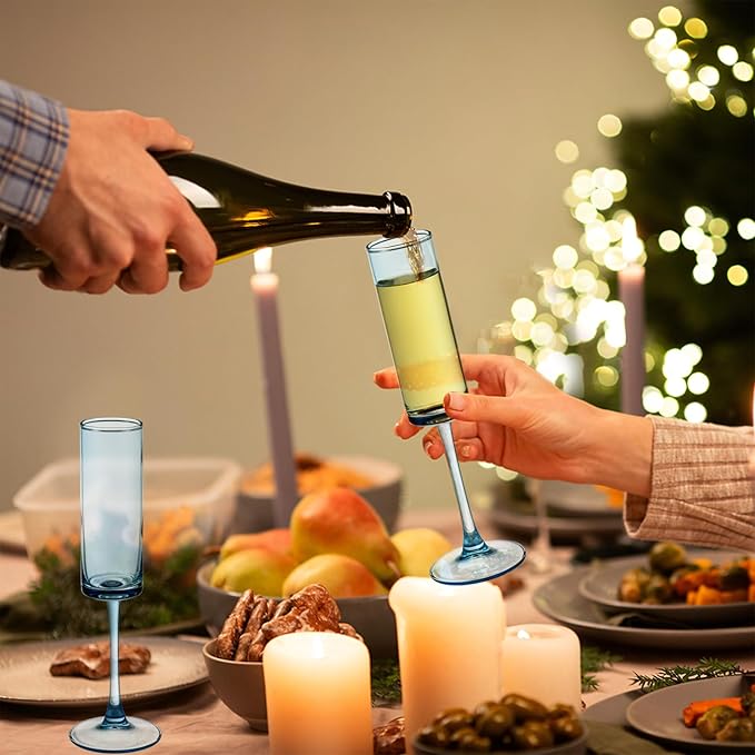 6 Pieces Blue Champagne Flutes 6 OZ Straight Sided Wine Glasses Champagne Long Stem Drinking Colored Glasses,Set of 6 Hand Blown Champagne Flutes Goblets for Wedding Cocktail Cups,Cava, Prosecco