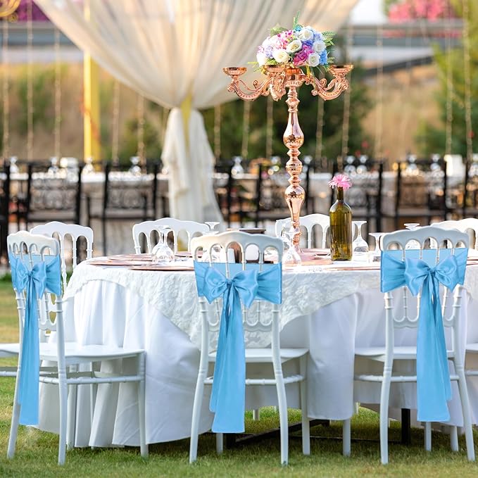 10 PCS Baby Blue Satin Chair Sashes Bows Universal Chair Ribbon Ties Back Sash for Wedding Party Reception Events Banquets Hotel Event Chair Cover Decoration (7x108 inch)