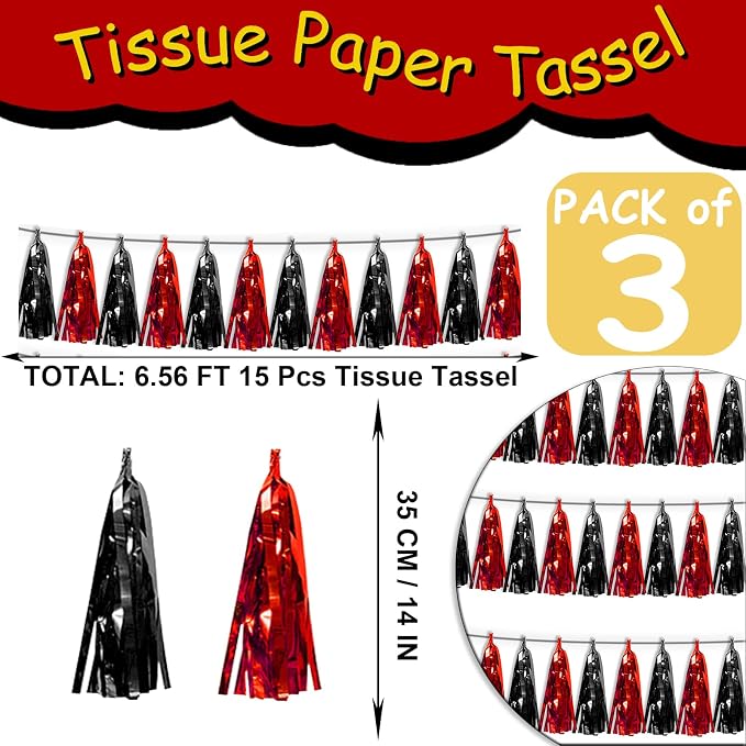 3P Black red Tassel Banner Garland Metallic Foil Fringe Banner Tinsel Tassels - Image 2