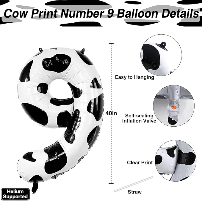 Cow Print Number 9 Balloon 40 Inch, Reusable Foil Mylar Decor - Image 3